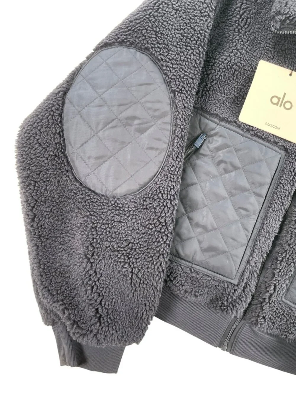 Alo Yoga Sherpa Edge Bomber Jacket Navy Quilted Outdoor Faux Fur Wmn's Sz L NEW